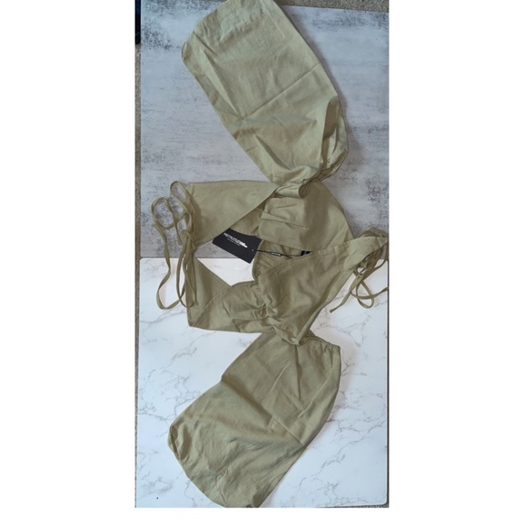 NWT PrettyLittleThing Olive Linen Feel Halter Lace Up Fringe Detail Top - Picture 5 of 6